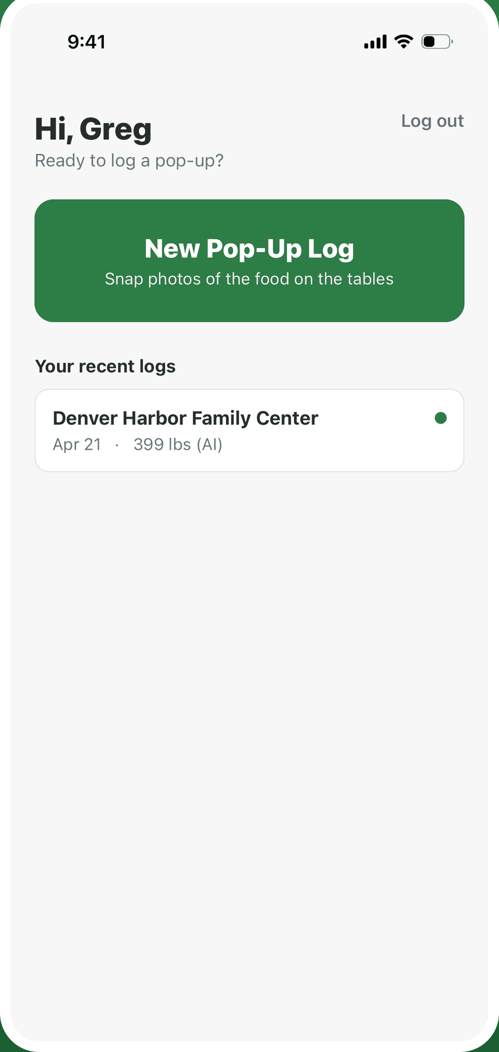 RescueLog home screen with a new pop-up log button and recent logs