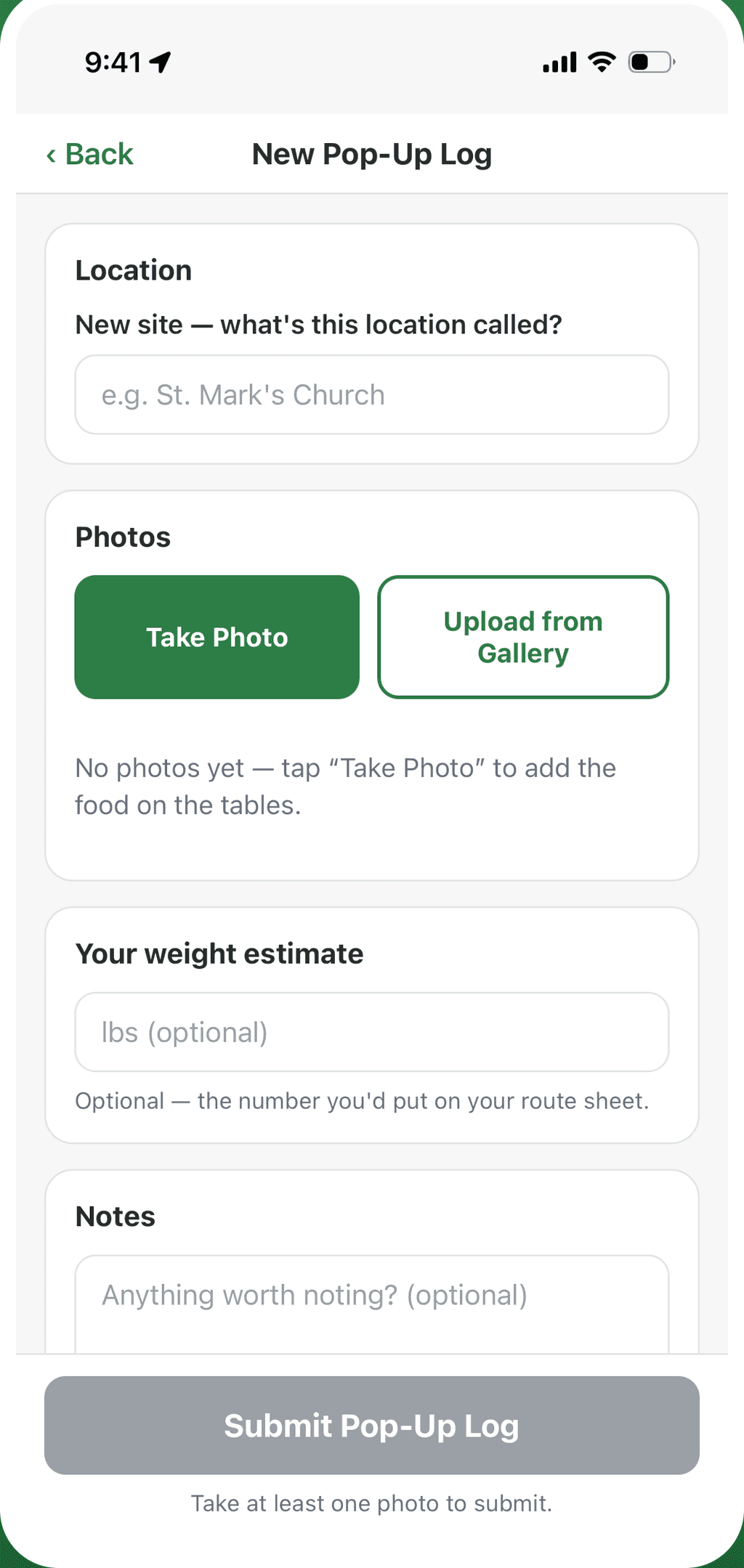 RescueLog screen for logging a pop-up: take a photo of the food and submit
