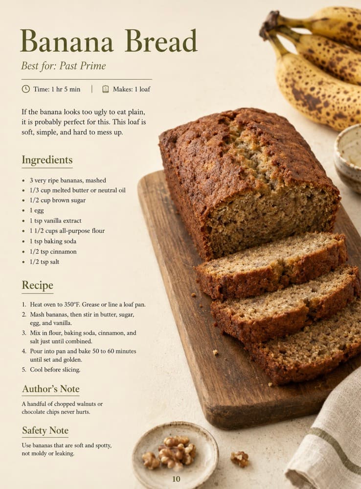 Banana bread recipe page from Still Good showing ingredients, steps, and a sliced loaf